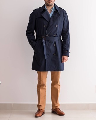 Men's Navy Trenchcoat, Light Blue Chambray Long Sleeve Shirt, Tobacco Chinos, Brown Leather Brogues