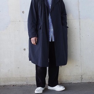 Men's Navy Trenchcoat, White and Navy Vertical Striped Short Sleeve Shirt, Black Corduroy Chinos, White Canvas Low Top Sneakers