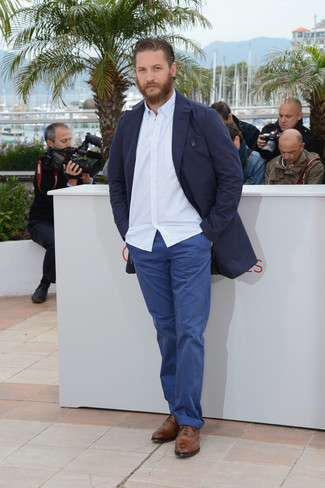 Tom Hardy wearing Navy Trenchcoat, White Check Long Sleeve Shirt, Blue Chinos, Brown Leather Oxford Shoes