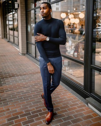 Navy Check Chinos Outfits: This off-duty combination of a navy turtleneck and navy check chinos is a goofproof option when you need to look nice but have zero time to put together an outfit. For a smarter aesthetic, complement your look with tobacco leather chelsea boots.