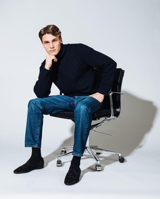 Navy Knit Wool Turtleneck Outfits For Men: Pair a navy knit wool turtleneck with blue jeans to create a razor-sharp and current casual ensemble. Demonstrate your sophisticated side by finishing with black velvet loafers.