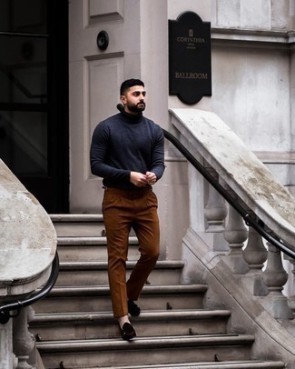 Dark Brown Suede Double Monks Outfits: Pairing a navy turtleneck and brown dress pants is a guaranteed way to infuse your styling repertoire with some masculine refinement. Dark brown suede double monks look right at home here.