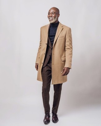 Men's Burgundy Leather Oxford Shoes, Navy Turtleneck, Brown Suit, Camel Overcoat