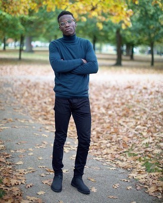 Navy Turtleneck Outfits For Men: In situations comfort is everything, team a navy turtleneck with navy chinos. For footwear, you can go down a more classic route with a pair of navy leather chelsea boots.