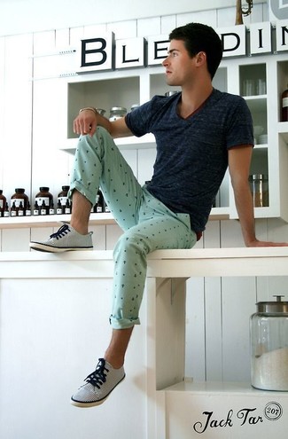 Men's Navy V-neck T-shirt, Mint Print Chinos, White and Navy Vertical Striped Low Top Sneakers, No Show Socks
