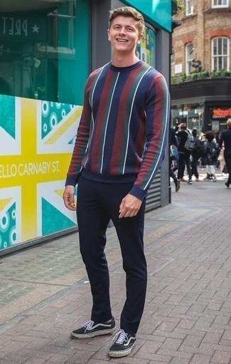 Men's Navy Vertical Striped Crew-neck Sweater, Navy Chinos, Black and White Canvas Low Top Sneakers