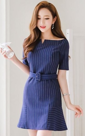 This look with a navy vertical striped sheath dress isn't so hard to achieve and easy to change.