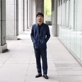 Navy Blue Striped Two Button Suit