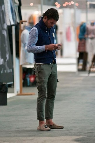 Men's Navy Knit Waistcoat, White and Blue Check Long Sleeve Shirt, Olive Cargo Pants, Tan Suede Driving Shoes