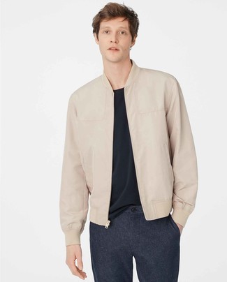 Tan Leather Bomber Jacket Outfits For Men: 