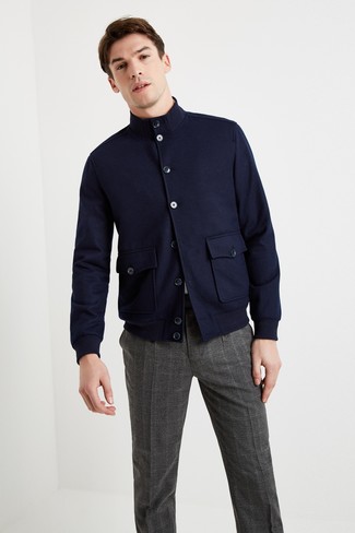 Navy Harrington Jacket Outfits: Combining a navy harrington jacket and charcoal plaid dress pants is a guaranteed way to breathe personality into your styling repertoire.