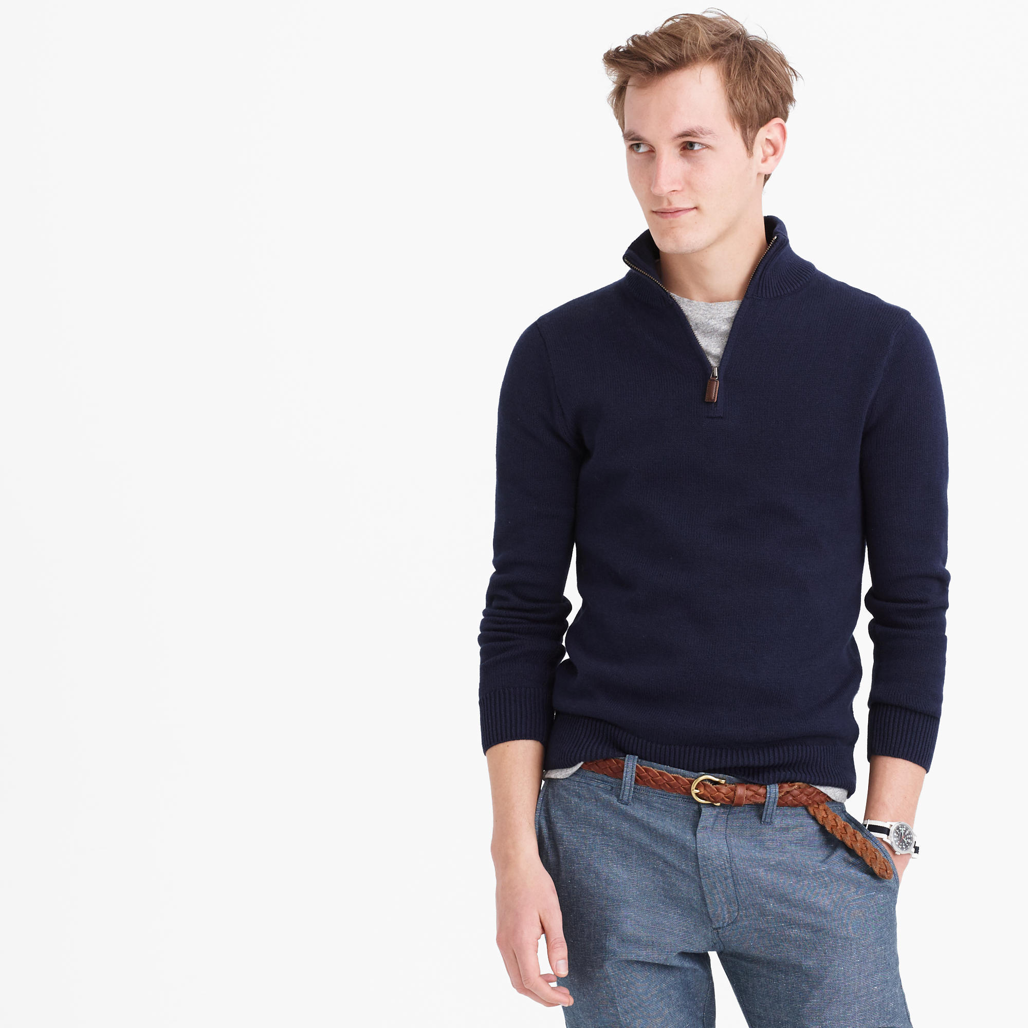 Men's Navy Zip Neck Sweater, Grey Crew-neck T-shirt, Blue Dress Pants,  Brown Woven Leather Belt | Lookastic