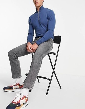 Grey Jeans Outfits For Men: This off-duty pairing of a navy zip neck sweater and grey jeans is a safe option when you need to look great in a flash. Balance your look with a more casual kind of shoes, such as this pair of multi colored athletic shoes.