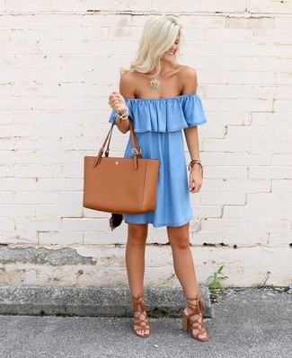 Light Blue Denim Off Shoulder Dress Outfits: For a casual look with a clear fashion twist, consider wearing a light blue denim off shoulder dress. A pair of tobacco fringe suede heeled sandals will put a fresh spin on an otherwise straightforward getup.