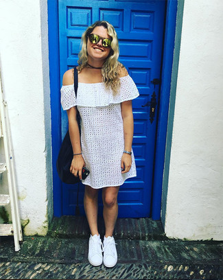 White Eyelet Off Shoulder Dress Outfits: For a look that offers function and fashion, reach for a white eyelet off shoulder dress. Our favorite of a countless number of ways to complete this ensemble is with white low top sneakers.