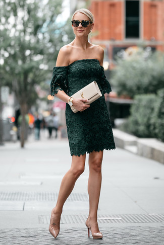 Dark Green Lace Off Shoulder Dress Outfits: Go for a dark green lace off shoulder dress for an off-duty outfit with a modern twist. Beige leather pumps are an effective way to add an element of elegance to this look.