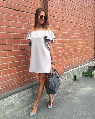 Charcoal Leather Satchel Bag Outfits: Combining a grey off shoulder dress with a charcoal leather satchel bag is an on-point choice for a relaxed but seriously stylish look. To give your overall ensemble a dressier twist, complement your ensemble with a pair of grey cutout suede pumps.