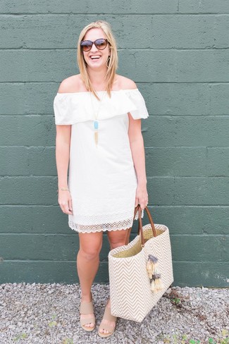 Women's White Lace Off Shoulder Dress, Beige Elastic Wedge Sandals, Beige Straw Tote Bag, Brown Sunglasses