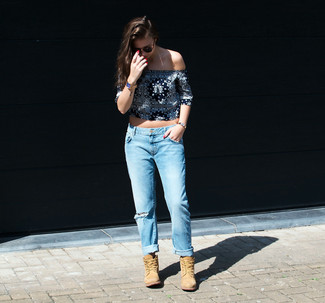 Boyfriend Jeans Outfits: This is definitive proof that a black and white print off shoulder top and boyfriend jeans look amazing when worn together in a laid-back getup. Tan suede lace-up flat boots will add an instant sultry vibe to your ensemble.