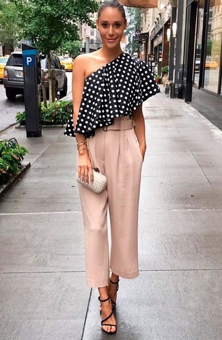 White Clutch Casual Outfits: Wear a black and white polka dot off shoulder top and a white clutch if you're on a mission for a look idea for when you want to look casually cool. Take a dressier approach with shoes and introduce a pair of black leather heeled sandals to the equation.