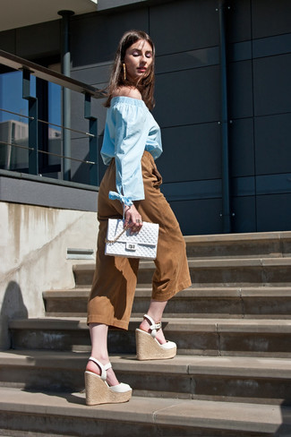 Women's Light Blue Off Shoulder Top, Tobacco Suede Culottes, White Leather Wedge Sandals, White Quilted Clutch