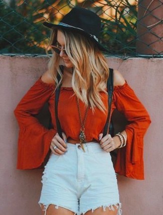 Suspenders Outfits For Women: A red off shoulder top and suspenders are both versatile must-haves that will integrate well within your casual collection.