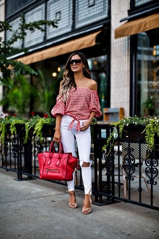 Red Leather Tote Bag Outfits: Marrying a red gingham off shoulder top with a red leather tote bag is a savvy option for a relaxed casual yet totaly stylish look. Let your styling credentials really shine by finishing your getup with a pair of beige suede heeled sandals.