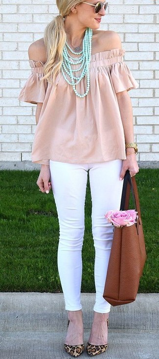 Women's Pink Off Shoulder Top, White Skinny Jeans, Tan Leopard Suede Pumps, Brown Leather Tote Bag
