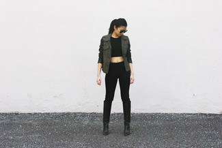 Women's Olive Anorak, Black Cropped Top, Black Skinny Pants, Black Leather Knee High Boots