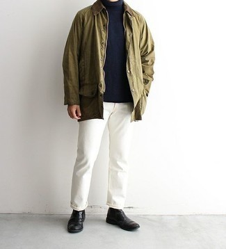 500+ Spring Outfits For Men: Want to inject your menswear arsenal with some fashion-forward dapperness? Try teaming an olive barn jacket with white jeans. To give your overall outfit a classier twist, why not complement your ensemble with a pair of black leather chelsea boots? Warmer temperatures call for cooler getups like this one.