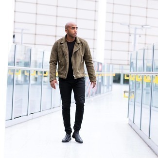 Olive Biker Jacket Outfits For Men: An olive biker jacket and black jeans? It's easily a wearable look that anyone could sport on a day-to-day basis. Finishing off with a pair of black leather chelsea boots is the simplest way to inject an element of elegance into your look.