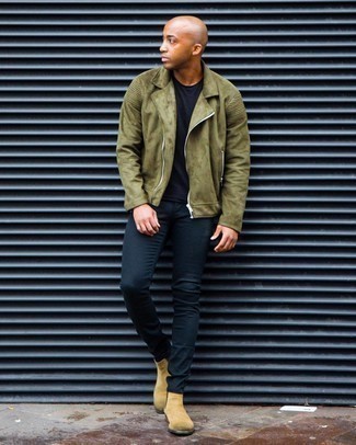 Olive Suede Biker Jacket Outfits For Men: This pairing of an olive suede biker jacket and navy skinny jeans spells laid-back attitude and relaxed menswear style. Tan suede chelsea boots will put an elegant spin on your look.