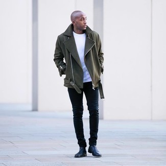 Olive Biker Jacket Outfits For Men: If you're all about feeling relaxed when it comes to menswear, this pairing of an olive biker jacket and navy skinny jeans will totally vibe with you. For a smarter finish, complete your ensemble with a pair of navy leather chelsea boots.