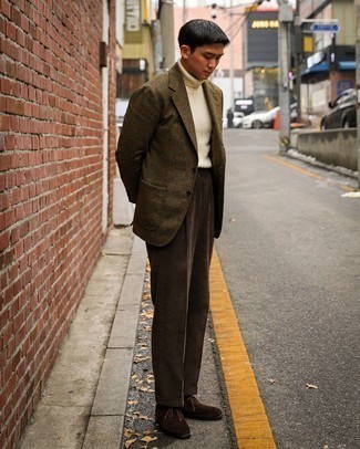 Tobacco Corduroy Dress Pants Outfits For Men: An olive check wool blazer looks so refined when paired with tobacco corduroy dress pants in a modern man's getup. To bring a laid-back feel to your outfit, add a pair of dark brown suede desert boots to the mix.