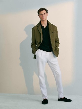 Olive Blazer Outfits For Men: An olive blazer and white chinos married together are a match made in heaven. To give this ensemble a more laid-back twist, why not add black canvas espadrilles to your outfit?