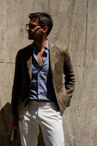 Men's Olive Print Blazer, Blue Check Long Sleeve Shirt, White Chinos, Clear Sunglasses