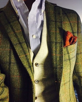 Olive Check Wool Blazer Outfits For Men: You'll be amazed at how easy it is to put together this classy outfit. Just an olive check wool blazer paired with an olive wool waistcoat.