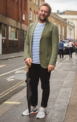 Men's Olive Blazer, White and Blue Horizontal Striped Crew-neck T-shirt, Black Chinos, Grey Athletic Shoes