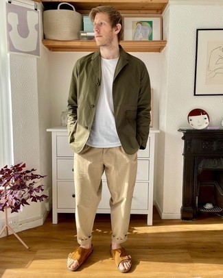 Olive Cotton Blazer Outfits For Men: Inject style into your current repertoire with an olive cotton blazer and khaki chinos. A good pair of brown suede sandals is the most effective way to power up this ensemble.