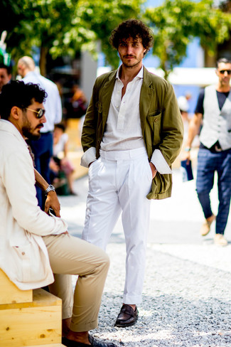 Olive Cotton Blazer Outfits For Men: Go for something classy and timeless in an olive cotton blazer and white dress pants. When not sure about the footwear, complete your outfit with a pair of burgundy leather loafers.