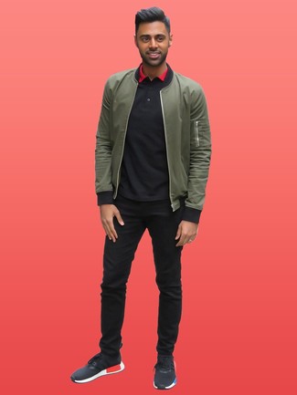 If the setting allows casual styling, you can easily opt for an olive bomber jacket and black chinos. Amp up this outfit by finishing off with black athletic shoes.
