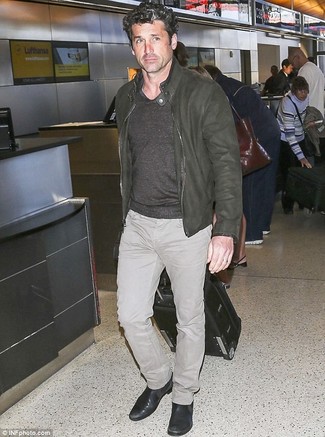 Patrick Dempsey wearing Olive Leather Bomber Jacket, Grey V-neck Sweater, Beige Jeans, Black Leather Chelsea Boots