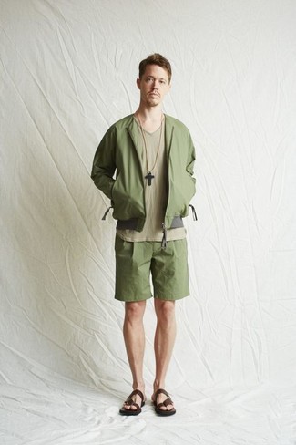 Brown Leather Sandals Outfits For Men: This casual combination of an olive bomber jacket and olive shorts is a foolproof option when you need to look casually stylish but have zero time. For something more on the cool and casual side to round off your ensemble, complete this ensemble with a pair of brown leather sandals.