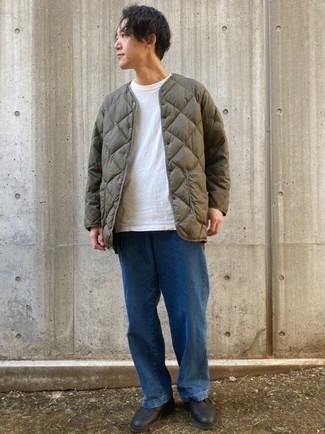 Men's Olive Quilted Bomber Jacket, White Crew-neck T-shirt, Blue Jeans, Black Leather Casual Boots