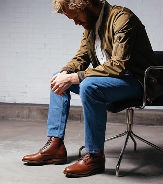 Men's Olive Bomber Jacket, White Long Sleeve Shirt, Blue Jeans, Brown Leather Dress Boots