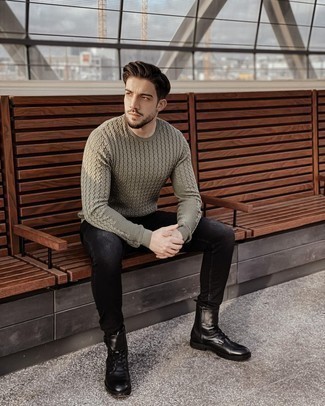 Men's Olive Cable Sweater, Black Jeans, Black Leather Casual Boots