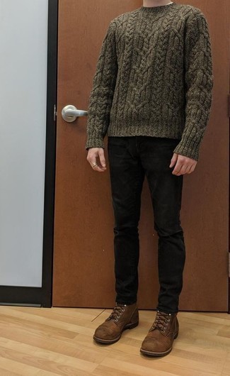 Black Pants with Brown Shoes Outfits For Men: Fashionable and functional, this casual combo of an olive cable sweater and black pants will provide you with ample styling possibilities. Brown leather casual boots are an effortless way to inject an extra dose of polish into your ensemble.