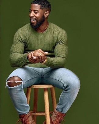 Dark Green Cable Sweater Outfits For Men: A dark green cable sweater and light blue ripped jeans are the kind of a no-brainer casual combination that you so terribly need when you have no time to dress up. For a sleeker touch, complete this getup with brown leather casual boots.