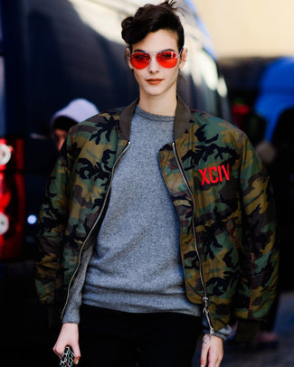 Women's Olive Camouflage Bomber Jacket, Grey Crew-neck Sweater, Orange Sunglasses