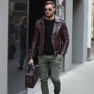 Brown Biker Jacket with Cargo Pants Outfits: 